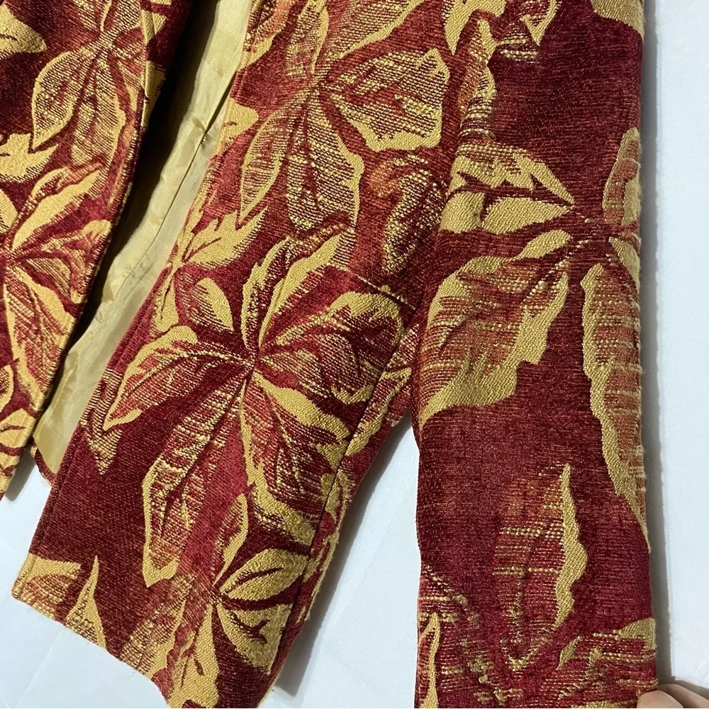 Harvé Benard Red Yellow Chenille Leaf Print Tapestry Open Front Blazer Jacket S - Picture 7 of 14